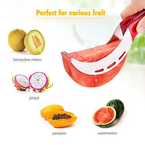 Melonenschneider, HoLife Wassermelonen Schneider Schneiderset mit Doppelzweck Melonenkugelausstecher und 6 Obstgabeln, Rostfrei Edelstahl Wassermelonenmesser Obstschneider für Wasser- und Honigmelonen Papaya Pitaya - 6