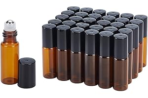 BENECREAT 30 Pack 5ml Botella de Vidrio Botellas de Rodillos de Aceites Esenciales Equipado con Cubierta Negra y 10 Pipetas, 4 Embudos, 1 Abridor