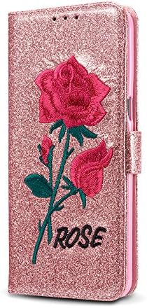 Samsung Galaxy S7 Case,Premium Bling Glitter [Rose Pattern Embroidery] Flip PU Leather [Magnetic Closure] Stand Wallet Case with [Card Slots] Cover for Samsung Galaxy S7 - Rose Gold