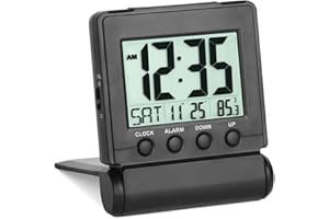 FAMICOZY Small Folding Digital Travel Alarm Clock with Day/Month/Date/Indoor Temperature,Easy to Read and Set,High/Low Alarm Volume,9 Min Snooze,Backlight on Demand,Bedside Calendar Alarm Clock,Black