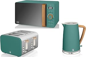 Swan Products Ltd Nordic Kitchen Set in Green Including 1.7L Jug Kettle, 4 Slice Toaster and 800W 20L Microwave. Scandinavian Design Matching Kitchen Electrical Set in Green
