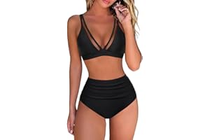HSAJS Bikini Set Damen Zweiteiliger Mesh Badeanzug Damen Bikini Sexy Bademode Bauchkontrolle Stitching High Waist Badeanzüge V Ausschnitt Badeanzug Swimsuit Mode Schwimmanzug