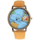 mmrm Mini Weltkarte Flugzeug Elektronische Armbanduhr Denim Leder Band Armbanduhr für Herren, gelb