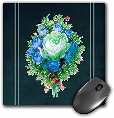 Jaclinart Garden Nature Florals Flowers Roses Vintage Bouquet - Green and blue rose bouquet with pink ribbon on a teal textured background with light line accents - MousePad (mp_53993_1)