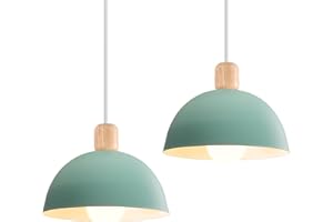 iDEGU 2 Stück Ø20cm Hängelampen Retro E27 LED Hängeleuchte Moderne Skandinavisch Deckenleuchte aus Metall Holz Pendelleuchte für Schlafzimmer Esszimmer Küche Restaurant (Grün, 2 Lampen)