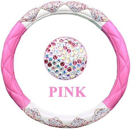 LUSTAR Ladies Car Steering Wheel Cover With Diamond Lattice Girly Classy Fashion Collection Car Steering Wheel Cover With Crown And Diamonds,Pink1