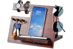 1STKER Regalos Hombre Estaciones de Acoplamiento Madera y Soporte de Carga para Teléfono con Soporte Ganchos para Reloj Llaves Cartera y Relojes Regalos de Hombres para Aniversario Cumpleaños Navidad,Marrón