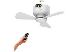 Kouamor Mini ventilateur de plafond rechargeable USB de 26,9 cm 4 W, 3 vitesses, mini ventilateur de plafond USB, ventilateur de plafond avec veilleuses et télécommande, pour tente, randonnée, camping