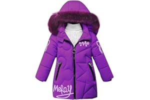 linboo Winterjacke Mädchen Wintermantel mit Abnehmbarer Fellkapuze Warme Lang Mantel Kinder Parka Outdoor Jacke mit Buchstaben und niedliche Muster