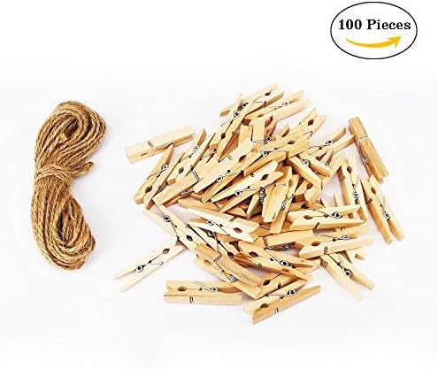 Jazzka Mini Wooden Pegs Pins 100 Pieces Craft Clips Clothespins with Jute Twine 10m/ 32.8ft Photo Paper DIY Wedding Decor