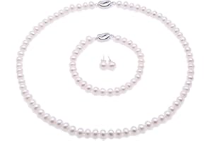 JYX PEARL JYX set collana orecchini e bracciale 7-8mm AA Collana di perle d'acqua dolce piatte bianche, bracciale e orecchini a bottone Set FPS090
