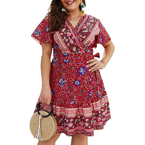 YuJian12 Mousseline De Soie Plus La Taille 3XL 4XL Robe De Fleur D'été Femmes Parti Casual Femme Col V Profond Manches Courtes Floral Imprimé Robes Sexy de Femmes
