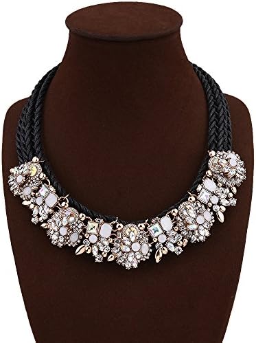 Yeshion Handmade Crystal Flower Statement Necklace For Women (Black+White)