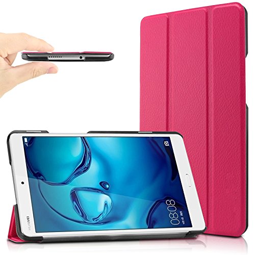 Huawei MediaPad M3 8.4 Hülle, Infiland Ultra Dünn Tri-Fold Smart-Muschel PU Leder Ultra Schlank Superleicht Ständer Smart Shell Cover Schutzhülle Etui Tasche für Huawei MediaPad M3 8.4 Tablet-PC (mit Auto Schlaf / Wach Funktion)(Magenta)