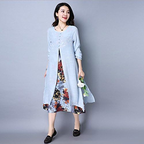 Y dress Autumn Large Size Women in the Long Skirt Cotton and Linen Two Loose Long Sleeves Dress,Light Grey,L