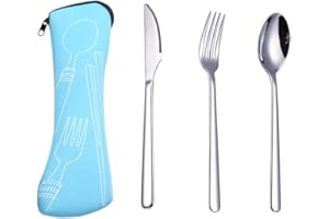 MenYiYDS 3 pezzi posate da campeggio posate in acciaio inox [coltello, forchetta, cucchiaio] con borsa in neoprene ideali per viaggiare e campeggio (blu)
