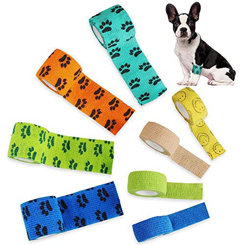 Heqishun 8 Pièces Bandage Auto-Adhésif pour Chien, Pansement pour Les Pattes des Chiens, Ne Colle Pas à la Fourrure, Haut Élastique et Respirant