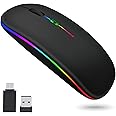 Qniceone Wireless Bluetooth Mouse, LED Slim Dual Mode (Bluetooth 5.1 + USB) 2.4GHz Rechargeable Portable Silent Mouse with Type C Adapter for Laptop/MacBook/iPad OS 13 and Above (Matte Black)