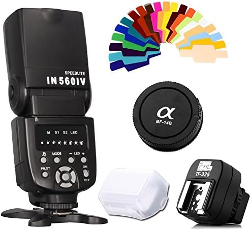 INSEESI IN560IV Wireless Universal Flash Speedlite + Pixel TF325 + Pixel Lens Cap and Body Cap for Sony +20 Color Filter + IN560IV Diffuser for sony Alpha A900 A850 A750 A700 A550 A500 A380 A350 A330 A300,etc Sony DSLR cameras