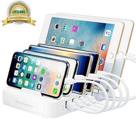 Charging Station for Multiple Devices, USB Charging Station Dock,Tonyhoney Universal Desktop Charging Station with Detachable Baffles Stand Organizer for Apple, iPhone, iPad,Tablets,Samsung,Cellphones (6-Port-White)
