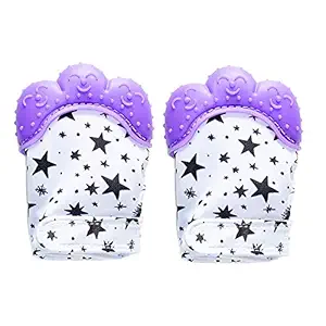 BLUE C Self-Soothing, BPA-Free Soft Food-Grade Silicone Teether Handy Mitt Toy Baby Teething Mitten Gloves for Infants Baby Boys and Girls (Pink, 3-12 Months) -1 Pair/2 Pack (Purple Star)