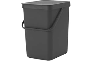 Brabantia Sort & Go Kosz na Śmieci 25 l (Szary), Pojemnik na Śmieci z Uchwytem do Przenoszenia, Zdejmowaną Pokrywą Stay Open, Łatwy do Czyszczenia Kosz Kuchenny bez Zakamarków i Krawędzi