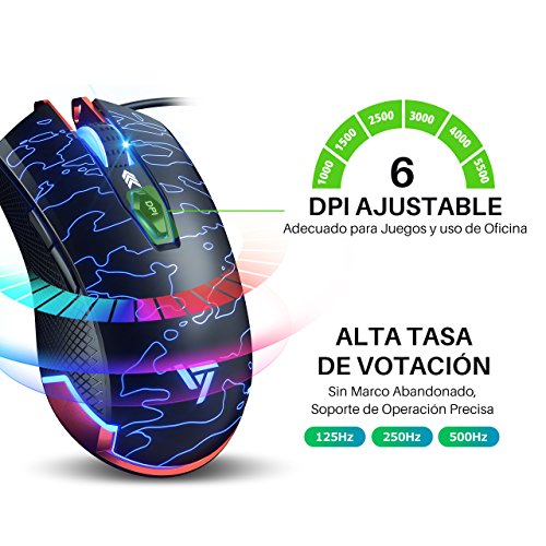 VICTSING Rat  n Gaming 5500DPI  Lluminaci  n RGB Programable Ratones Gaming 6 Botones con 6 dpi Ajustable  1000 1500 2500 3000 4000 5500  y LED Personalizable para Jugadores  Oficina-Negro
