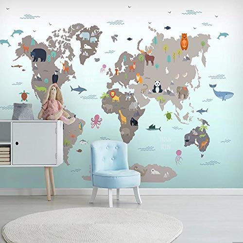 3D Carton Animal World Map Wallpaper Murals for Living Room Bedroom Art Wall Decals Contact Paper Roll 3D Wall Murals Custom 200Cmx140Cm