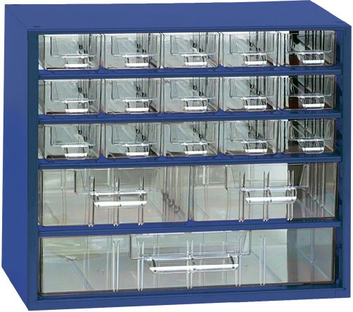 Kleinteilemagazin Metall blau 306x146x285 mm 30 Glasklare Kunststoff-Schubladen + 10 Trennstege - 2