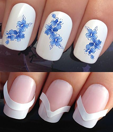 WATER NAIL TRANSFERS DECALS STICKERS ART SET #340 &amp; 172. **plus x48 nail tip guides!!** x24 BLUE PRETTY SUMMER FLOWERS TATTOO WRAPS &amp; x48 FRENCH MANICURE TIP GUIDES! CAN BE USED WITH NATURAL GEL ACRYLIC STICK ON NAILS! OR WITH GLITTER DUST CAVIAR BEADS ALLOYS DECORATIONS CONFETTI FIMO SHAPES TAPE PENS RHINESTONES