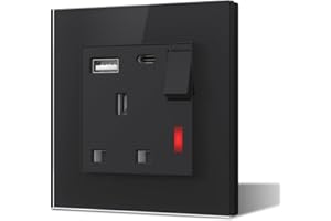 BSEED Single Plug Socket with USB C and USB A,Glass Switched Socket,UK Standard Electric Power Sockets,13A Wall Socket,Save Space,1 Gang,86mm Black