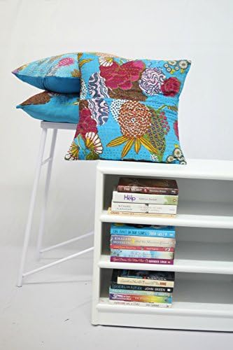 BluSpirits Set of two kantha Hand Embroidered Cotton Square Throw Pillow Cases (Turquoise)