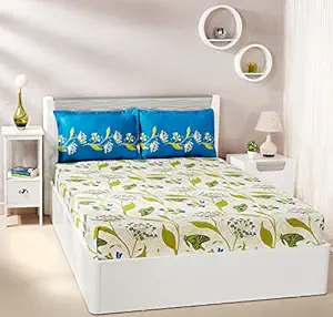 Amazon Brand - Solimo Lily Bloom 144 TC Cotton Double Bedsheet with 2 Pillow Covers, Green