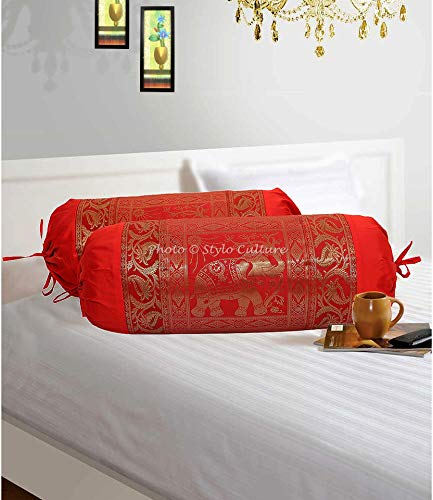 Stylo Culture Traditional Polydupion Silk Cylindrical Decorative Pillow Bolster Covers Red Elephant Jacquard Brocade Border Large Settee Cylinder Masand Massand Covers (Set of 2) | 30x15 Inches