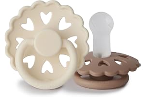 FRIGG Fairytale Silicone Pacifier Pack of 2 | Silicone Soother Dummy | BPA-Free | Made in Denmark | Symmetrical Cherry Shaped Nipple (Cream/Silky Satin (6-18 Months))