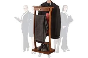 LOHOX Freestanding Clothes Valet Stand Wooden Floor Standing Suit Hanger Rack Front Trouser Rack with Non-slip Rubber Sleeve for Crease-Free Suit Coat Stand Storage HxWxD:112x44.4x 30cm