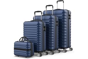 NUMADA - Set di valigie 4pzs (53/63/75cm) e borsa da toilette Blu Navy, ABS Resistente, Leggero con 4 ruote doppie e lucchetto combinazione laterale