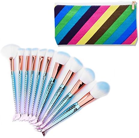 MYG Elite Mermaid Makeup Brushes Set 10pcs Fishtail Fish Scale Multi-purpose Make-up Kit Professinal Cosmetics Tool With Pouch (Rainbow) + 1Pc Makeup Silicone Puff