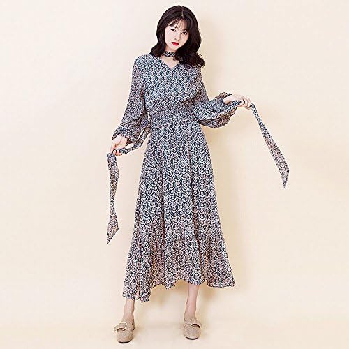 LDQ Autumn Slender Waist Prints Chiffon Dresses Pleated Long Sleeves Lotus Leaf Long Skirt,Blue,All code