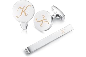 HONEY BEAR Spinki do mankietów i spinki do krawata zestaw inicjałów litery męskie wesele spinki do mankietów srebrne, 5,4 cm, 5.4cm, miedź, Bez kamieni szlachetnych