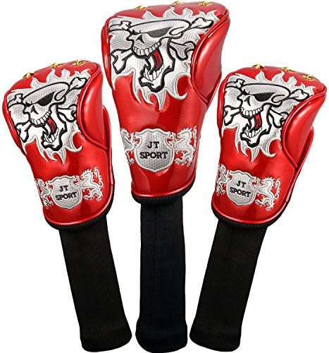 EDAY 3pcs/ Set Skull Head Golf Cover Golf Clubs Headcovers Synthetic PU Leather Mirror Water-Proof Universal Protector Fits for Golf Club Driver Wood 3#Fairway Wood 5#Fairway