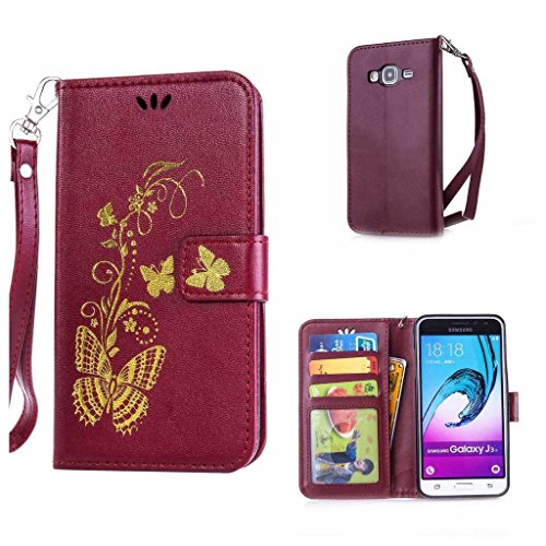 Galaxy J3 2016 Hülle Ledertasche [mit Frei Hartglas Displayschutzfolie], KKEIKO® Schutzhülle PU Leder Tasche Hülle Case für Samsung Galaxy J3 2016, Wickelfalz Handyhülle mit Bändselloch Standfunktion Karteneinschub und Magnetverschluss, Kratzfeste Lederhülle Flip Wallet (Schmetterling #5)