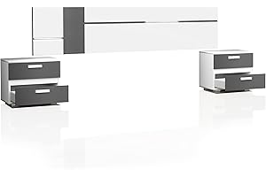 duehome | Pack Cabecero con Leds y 2 Mesitas de Noche, Dormitorio Doble, Dormitorio Completo, Modelo Ataneq Air, Acabado en Blanco y Grafito
