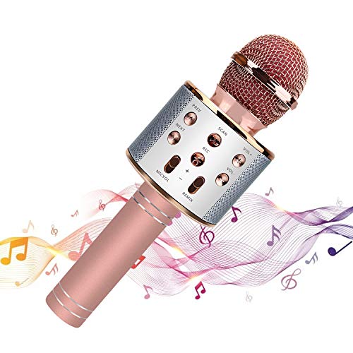 Inalámbrico micrófono Karaoke Bluetooth,Altavoz incorporado,Compatible iPhone Android iPad PC AUX,Cumpleaños, regalo para niños, KTV Outdoor Home Party. (Oro rosa)