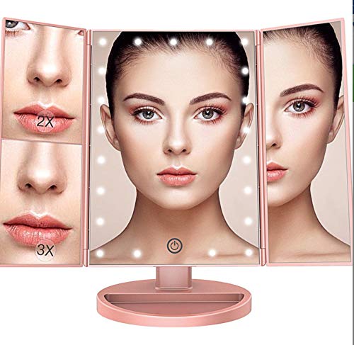 deweisn Specchio Ingranditore da Trucco con 36 LEDs, Naturali LuzTouchscreen Trifold Specchio Cosmetico Ruota di 180°Ingrandire 3x/2x/1x Portatile Pieghevole Specchio Tavolo con Base ... (Oro rosa-01)