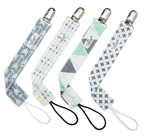Dummy Clip by Matimati Baby (4 Pack) - Unisex Stylish Designs - Great Pacifier /Teething Ring Holder - Unique For Baby Shower