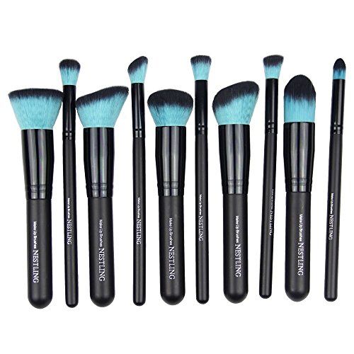Nestling® 10Pcs Wood Makeup Brushes Kit Professional Cosmetic Make Up Set with Black Bag, Burlywood