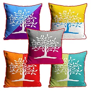 DreamVio Jute Fabric Printed Decorative Throw/Pillow Covers, Cushion Covers for Living Room, Bed Room, Sofa,Chairs Pack/Set of 5 Multi Flowers (Multicolour, Size 16 x 16 Inches) Style 34