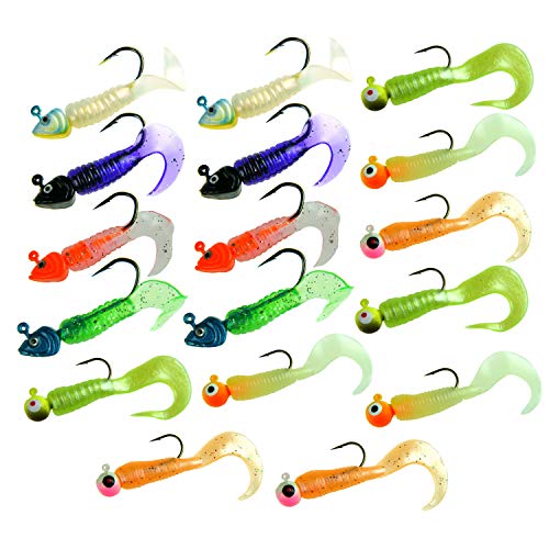 QualyQualy Jig Têtes Bass Fishing Leurres Crochets kit d'eau Douce ou Salée 7 G-8g Pêche Jigs avec bouclés Queue Asticots Worm Souple Leurre appâts Lot de 17