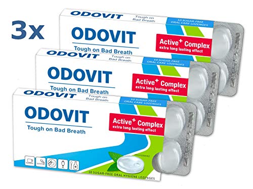 Mal aliento - ODOVIT te ayuda: 3x pastillas para la higiene bucal de 10 unidades - Fuerte contra halitosis - para un aliento fresco y duradero